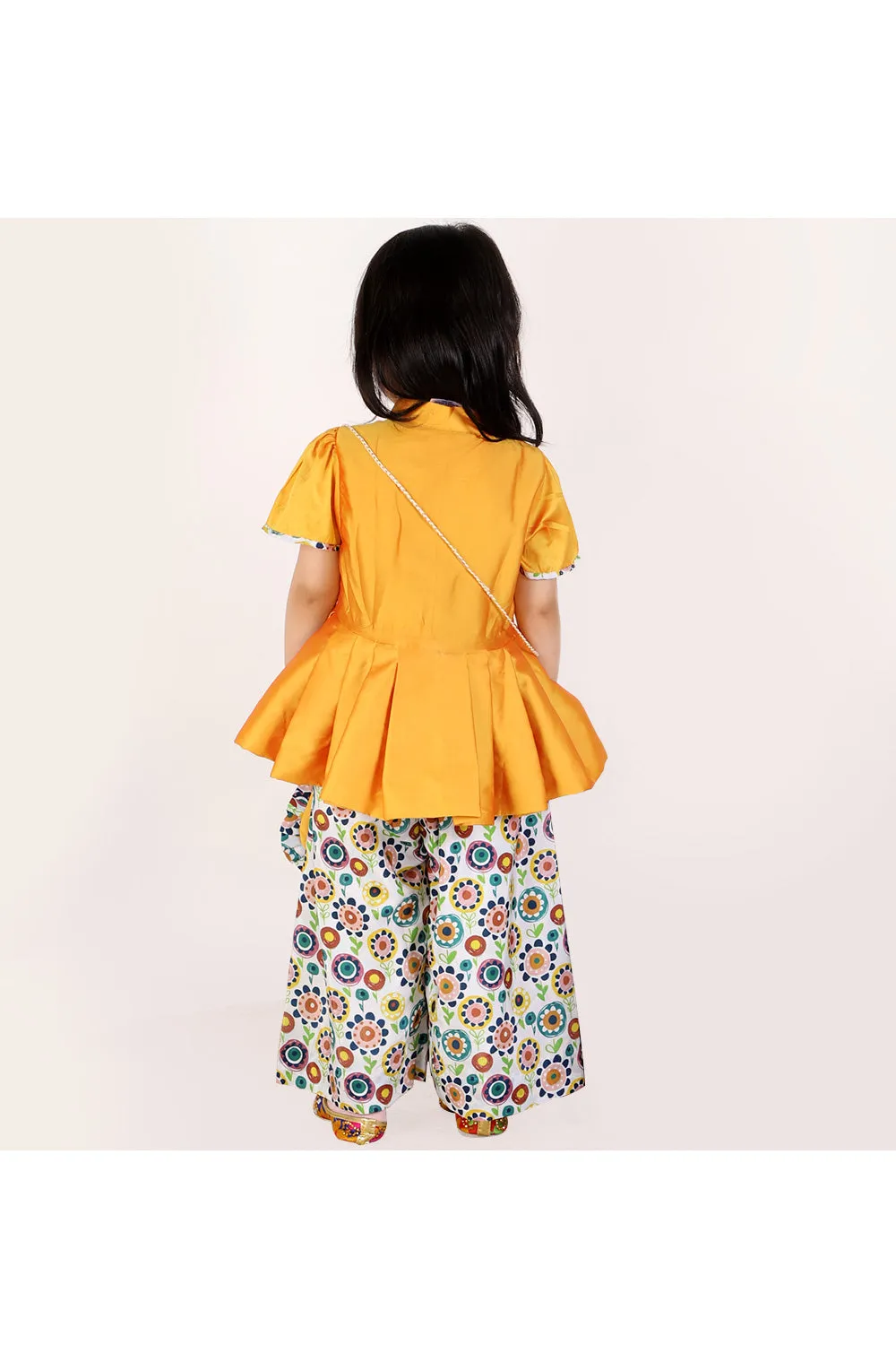 Yellow High Low Peplum Style Top And Printed Pant Set With Sling Bag