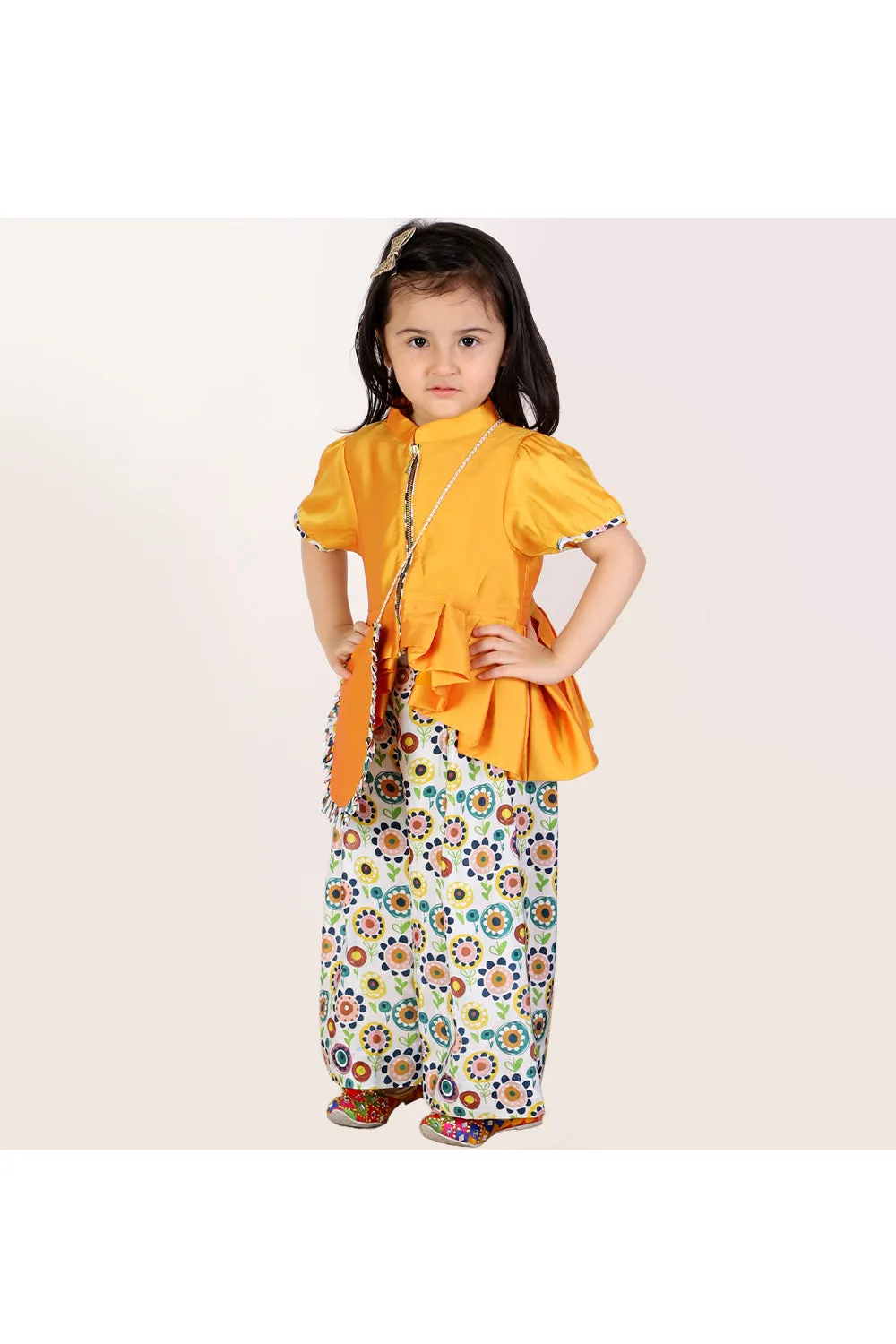 Yellow High Low Peplum Style Top And Printed Pant Set With Sling Bag